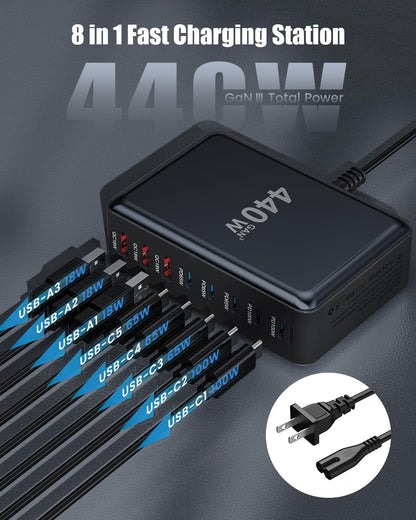 USB C Charger Block 440W Charging Station Hub,8 Port GaN III Fast Charging Brick with 5ft Extension Cord,PD PPS 100W Laptop Power Adapter for MacBook Pro/Air,iPhone 16/15,Samsung Galaxy,Dell