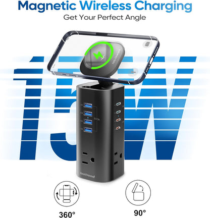 Flat Plug Surge Protector Tower, TenTrend Power Strip Tower with Surge Protection, 3 AC Outlets & 8 USB Ports, 5FT Extension Cord, 115W Total Fast Charging Station for Multiple Devices