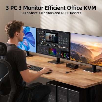 KVM Switch 3 Monitors 3 Computers 8K@60Hz/4K@120Hz, HDMI DP KVM Switches for 3 PC Sharing Triple Monitor and Keyboard Mouse with Power Adapter, Wired Extend Controller and USB3.0 Cables