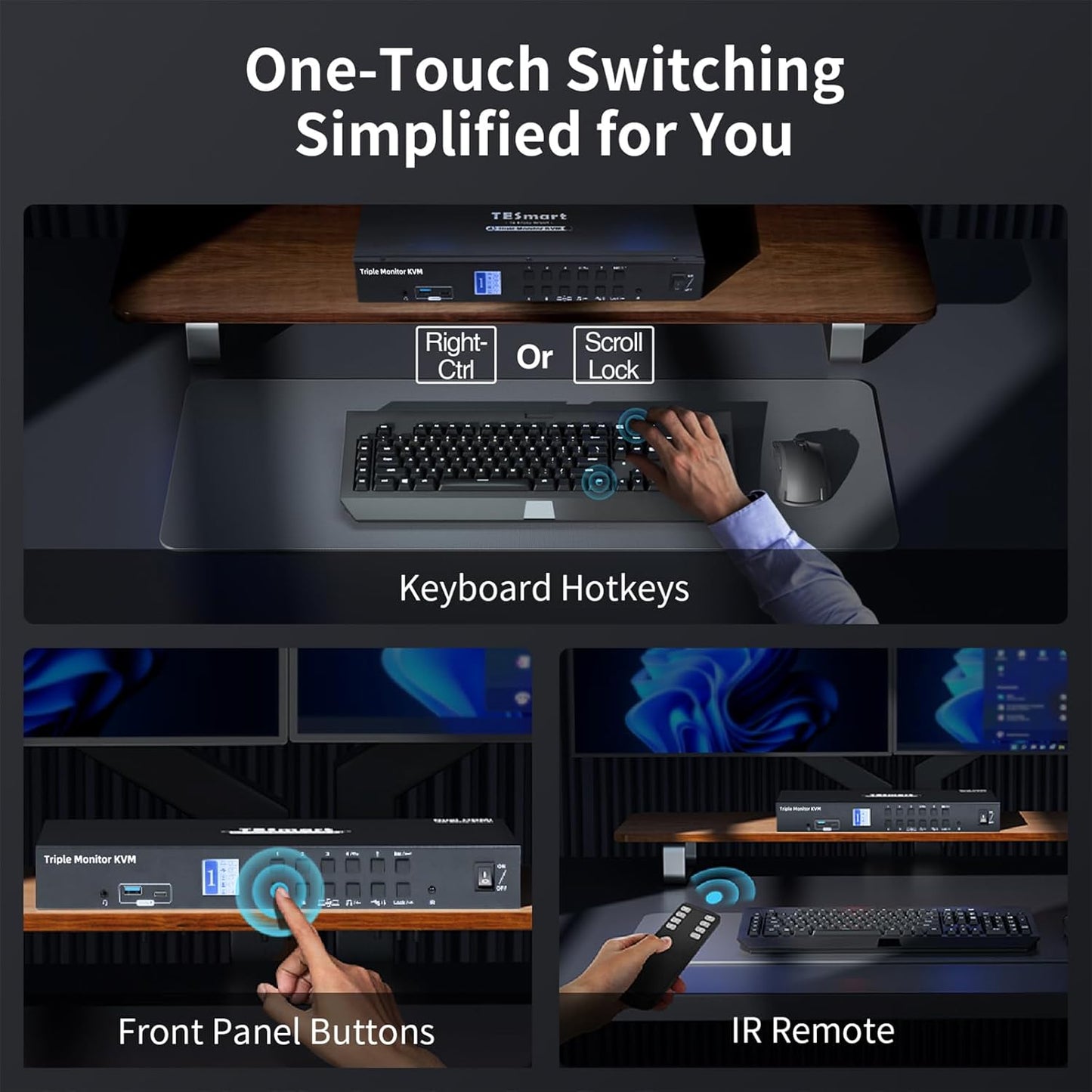 TESmart USB 3.0 HDMI+DP+USB C KVM Switch 3 Monitors 4 Computers 4K@60Hz, 4 Port Triple Monitor KVM Switch Built-in Docking Station, Headset,MST, EDID emulators, Hotkey Switch, Wired Network, Rack-Ears