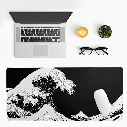 Japanese Sea Wave Large Mouse Pad, Abstract Black Gaming Mousepad, Extended Kanagawa Mat Desk Pad, 3mm Thick Long Non-Slip Rubber Base Mice Pad for Office and Home, 31.5x11.8 Inch