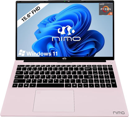 NIMO 15.6 inch Laptop FHD, AMD Ryzen 5 3500U, 8 GB RAM, 256 GB SSD, Windows 11, Backlit Keyboard, Fingerprint Reader, 65W PD, Lightweight Computer for Work and Homeschooling,Rose