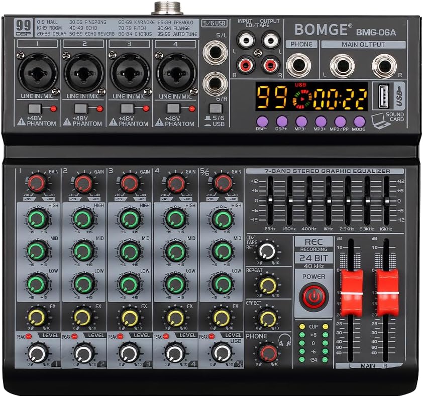 BOMGE 06A Professional 6 Channel DJ Audio Mixer, DJ Controller Sound Mixer with 99 DSP Effects,7-band EQ Independent 48V Bluetooth USB Interface Recording for Studio Stage Party Home Recording