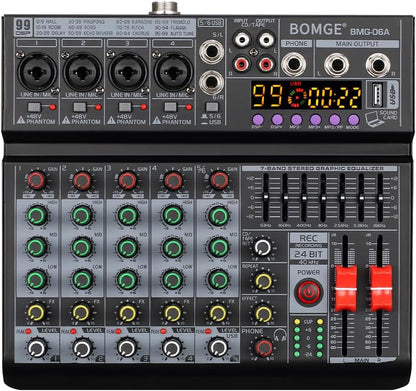 BOMGE 06A Professional 6 Channel DJ Audio Mixer, DJ Controller Sound Mixer with 99 DSP Effects,7-band EQ Independent 48V Bluetooth USB Interface Recording for Studio Stage Party Home Recording