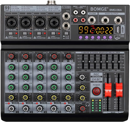 BOMGE 06A Professional 6 Channel DJ Audio Mixer, DJ Controller Sound Mixer with 99 DSP Effects,7-band EQ Independent 48V Bluetooth USB Interface Recording for Studio Stage Party Home Recording