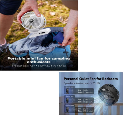 Portable Clip-on Fan 10000mAh Rechargeable Battery Powered – 3-Speed Quiet Desk & Clamp Fan for Stroller, Camping, Office & Bedroom – 360° Rotation-1PACK-White