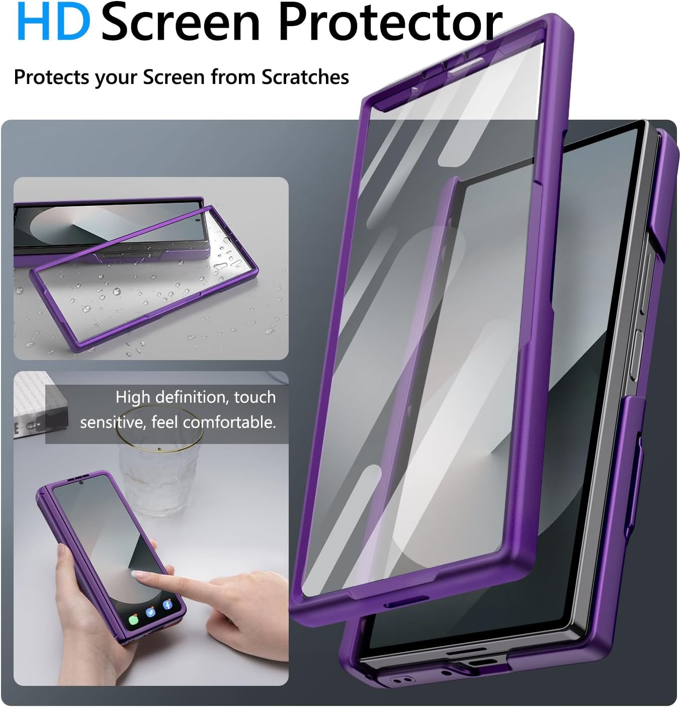 Vihibii for Samsung Galaxy Z Fold 6 Case with Card Holder & Camera Protective Cover & Hinge Protection & Front Screen Protector, Full Body Sturdy Wallet Case for Samsung Galaxy Z Fold 6, Dark Purple