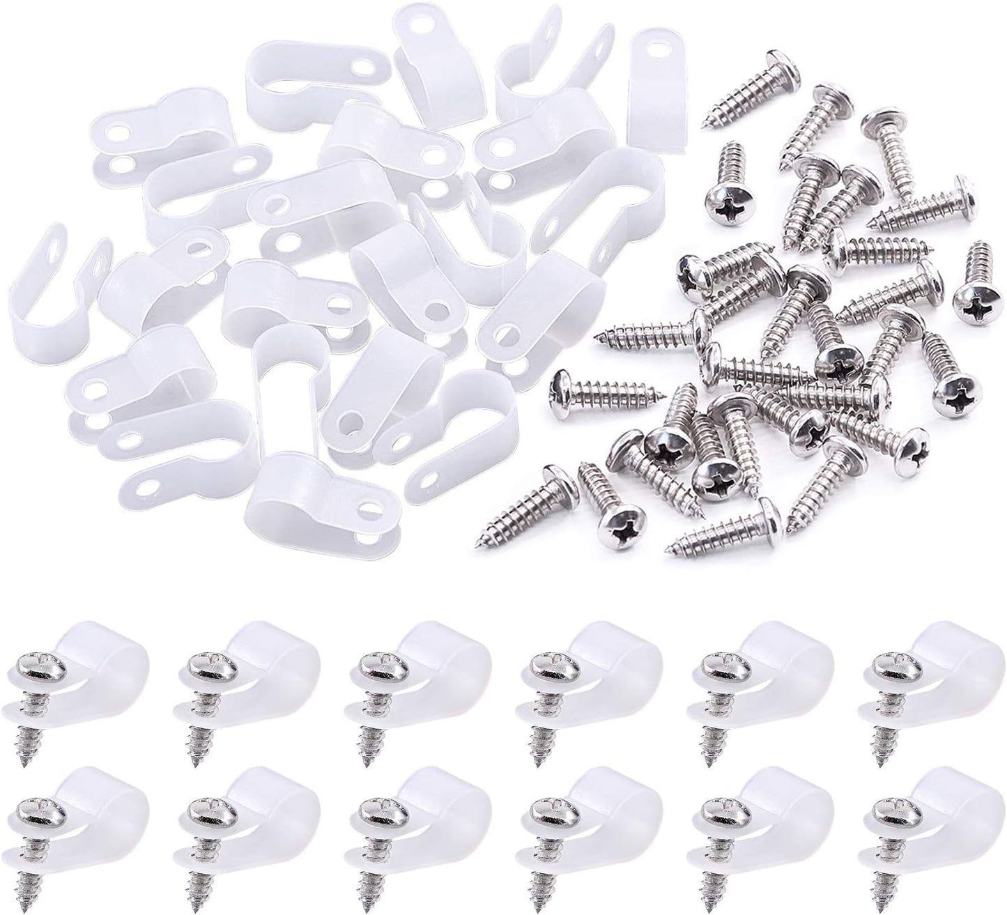 Swpeet 120 Pack White 3/8 Inch Nylon Plastic R-Type Cable Clips Clamp Kit, Nylon Screw Mounting Cord Fastener Clips with 120 Pack Screws for Wire Management (3/8 Inch, White)