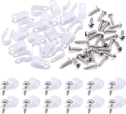 Swpeet 120 Pack White 3/8 Inch Nylon Plastic R-Type Cable Clips Clamp Kit, Nylon Screw Mounting Cord Fastener Clips with 120 Pack Screws for Wire Management (3/8 Inch, White)