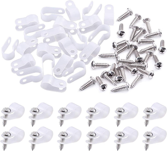 Swpeet 120 Pack White 3/8 Inch Nylon Plastic R-Type Cable Clips Clamp Kit, Nylon Screw Mounting Cord Fastener Clips with 120 Pack Screws for Wire Management (3/8 Inch, White)