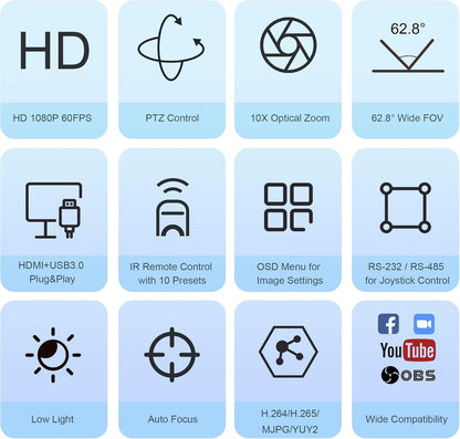 PTZ Camera HDMI/USB 10X Optical Zoom 60fps 1080P Video Conference Camera for Church Worship Live Streaming Meeting Online Learn with Zoom YouTube OBS and More