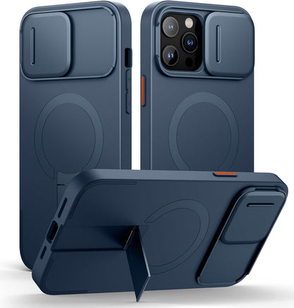 SURITCH for iPhone 13 Pro Max/12 Pro Max Case with Magnetic Camera Slide Cover and Adjustable Kickstand, Compatible with MagSafe, Shockproof Bumper Case Slim Protective Cover 6.7 Inch, Blue