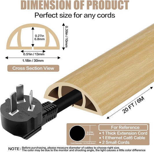 Floor Cord Cover Self Adhesive Cord Hider,20FT Cable Management, Extension Strip Protector for Wires, Prevent Cable Trips for Offices, Gyms, Exhibitions Cavity:0.39"(W) x 0.27"(H) WoodLightyellow