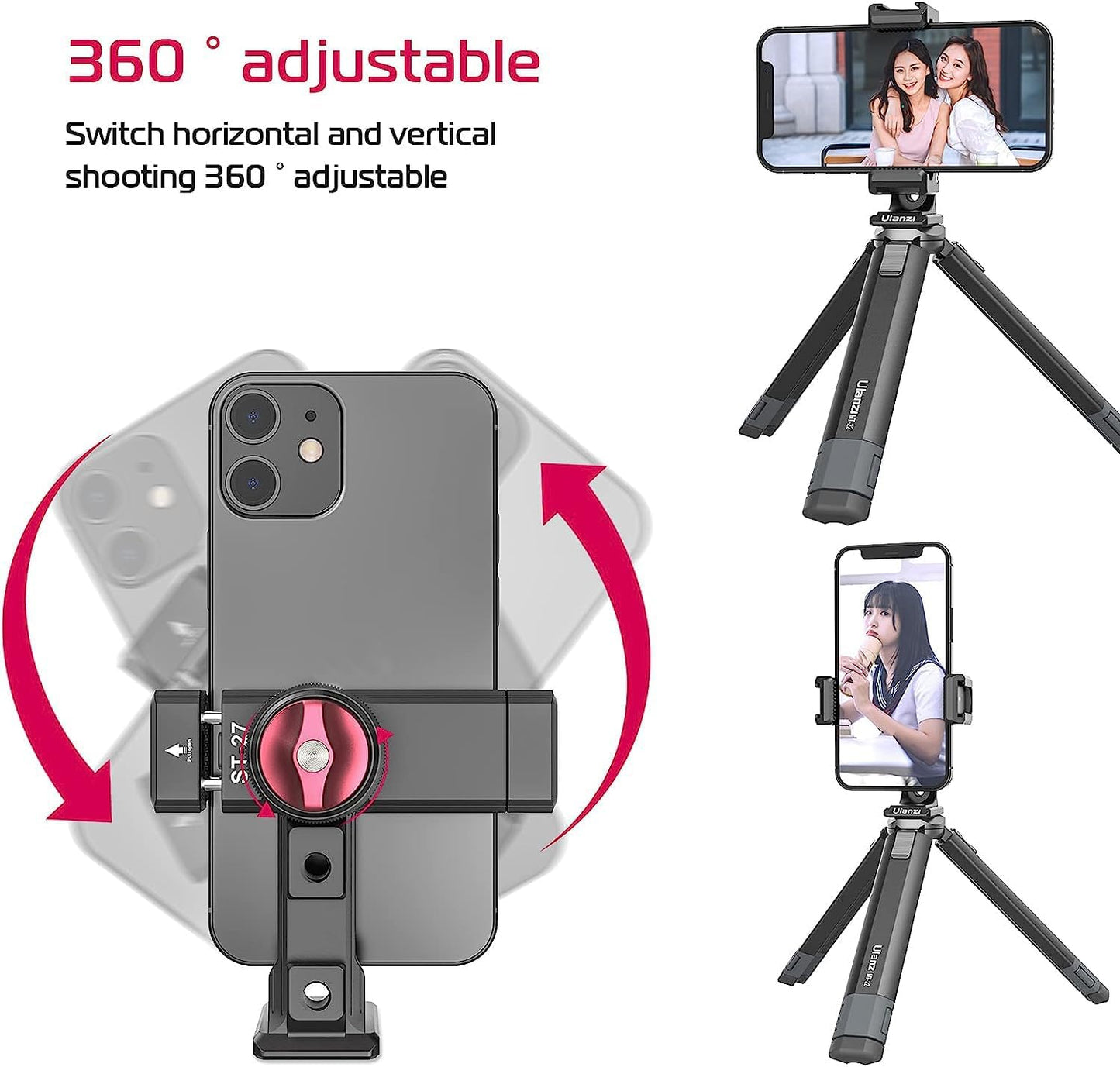 Metal Phone Tripod Mount 3 Cold Shoes & Arca Port, 360° Smartphone Tripod Adapter for iPhone 17 16 15 Cell Phone Stand Holder for Desktop Video Live Streaming Vlogging Rig