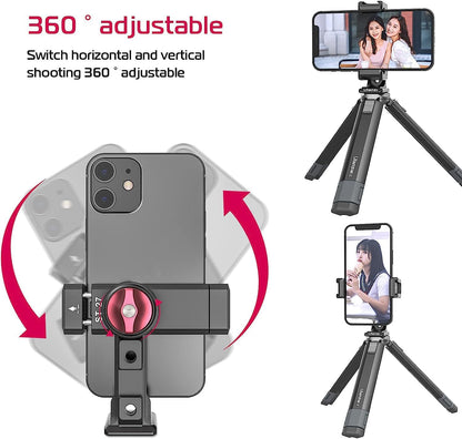 Metal Phone Tripod Mount 3 Cold Shoes & Arca Port, 360° Smartphone Tripod Adapter for iPhone 17 16 15 Cell Phone Stand Holder for Desktop Video Live Streaming Vlogging Rig