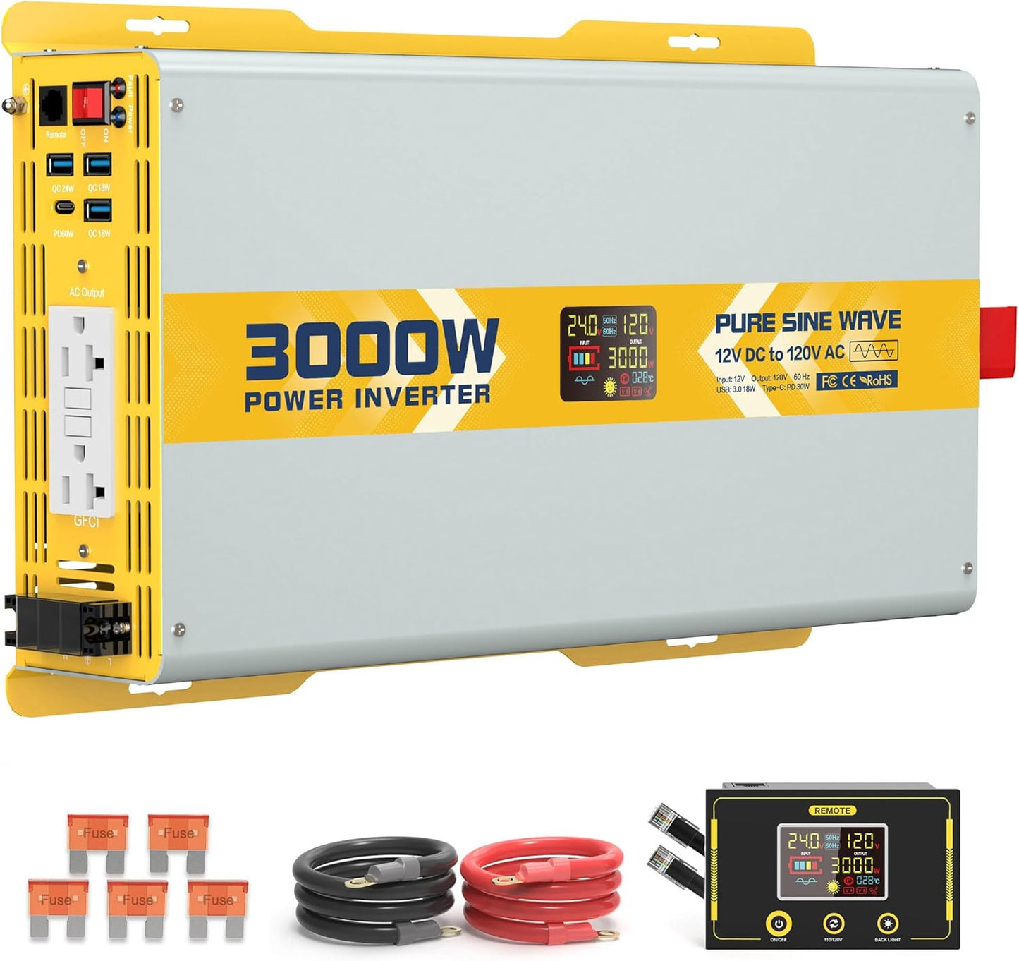 XWJNE 3000W Pure Sine Wave Power Inverter 12V DC to 120V GFCI AC Converter with LCD Display and Remote for Home, RV, Truck, Off-Grid Solar Power