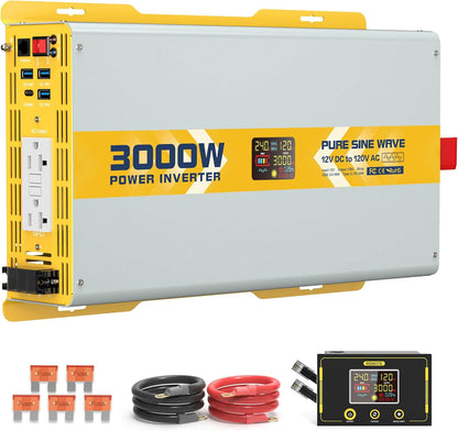 XWJNE 3000W Pure Sine Wave Power Inverter 12V DC to 120V GFCI AC Converter with LCD Display and Remote for Home, RV, Truck, Off-Grid Solar Power