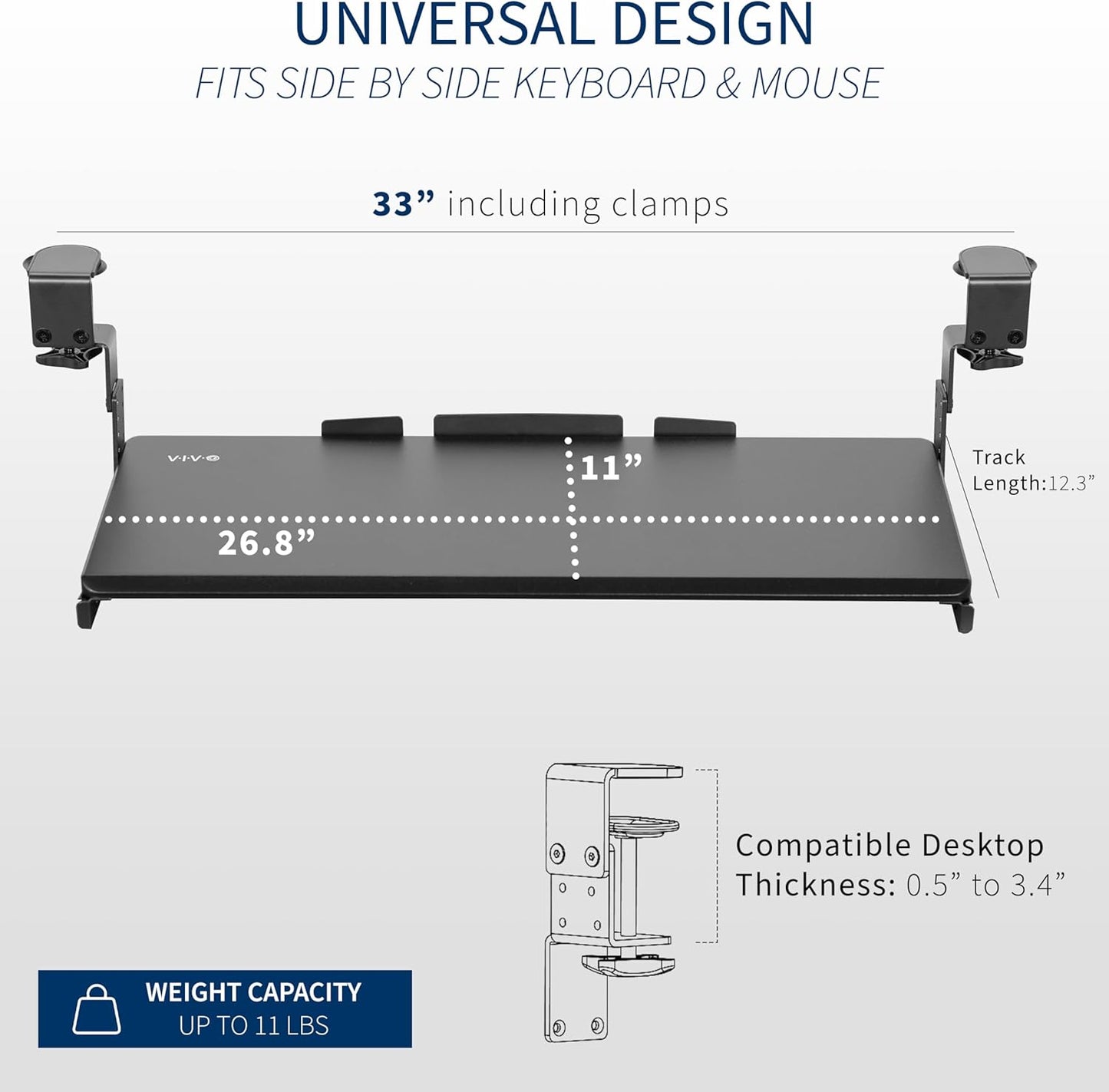 VIVO Large Height Adjustable Under Desk Keyboard Tray, C-clamp Mount System, 27(33 Including Clamps) x 11 inch Slide-Out Platform Computer Drawer for Typing, Black, MOUNT-KB05HB