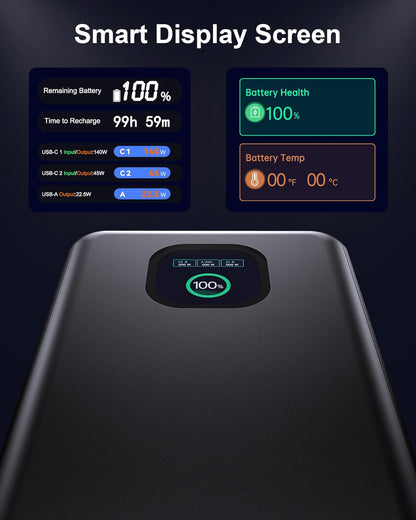 140W Power Bank, 25000mAh Laptop Portable Charger with Smart Digital Display, PD3.1 Fast Charging Battery Pack for MacBook Dell XPS iPad Tablet Steam Deck iPhone 17-12 Series Samsung Switch and More