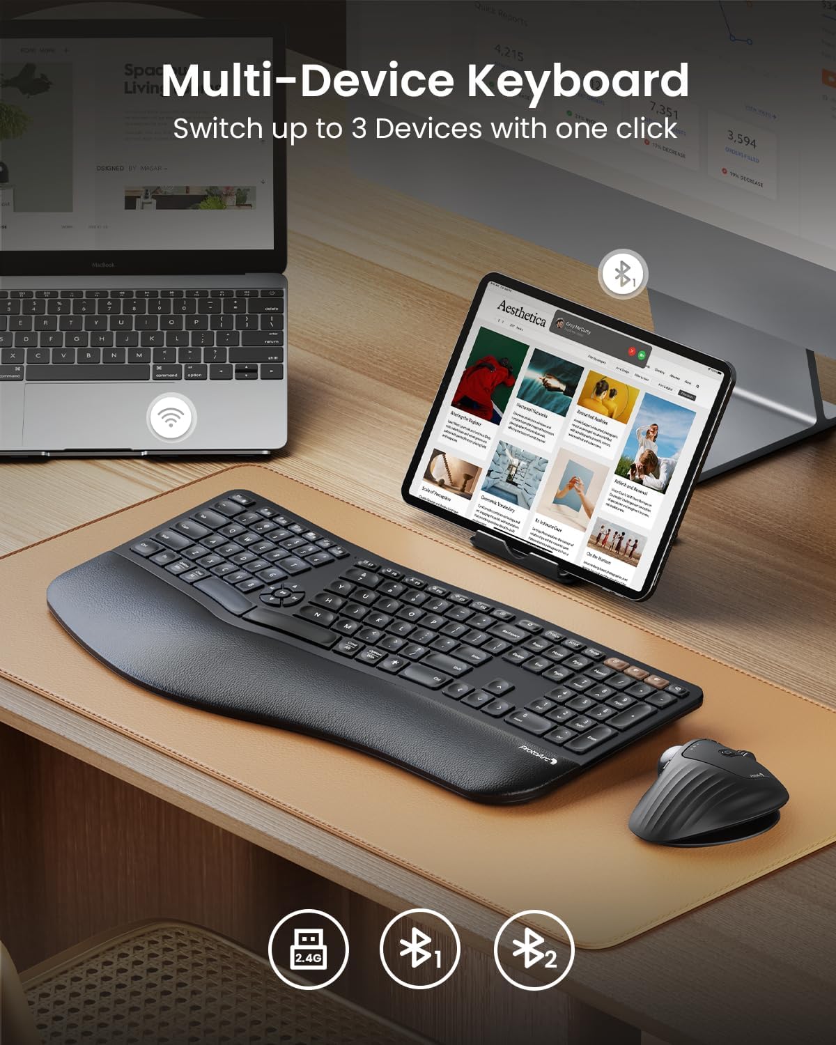 ProtoArc Backlit Bluetooth Ergonomic Keyboard, EK01 Plus Full Size Wireless Split Keyboard with Dual Bluetooth and USB, Cushioned Wrist Rest, Rechargeable, Compatible with Windows/Mac/Android, Black