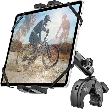 Metal iPad Tablet Mount for Boat Helm, Wheelchair Pole, Golf Cart, Stroller, Mic Stand, Fitness Bike, Road Mountain Bicycle - 360° Adjustable Handlebar Clamp for 4.7-13" iPad Pro, Air, Mini, Galaxy