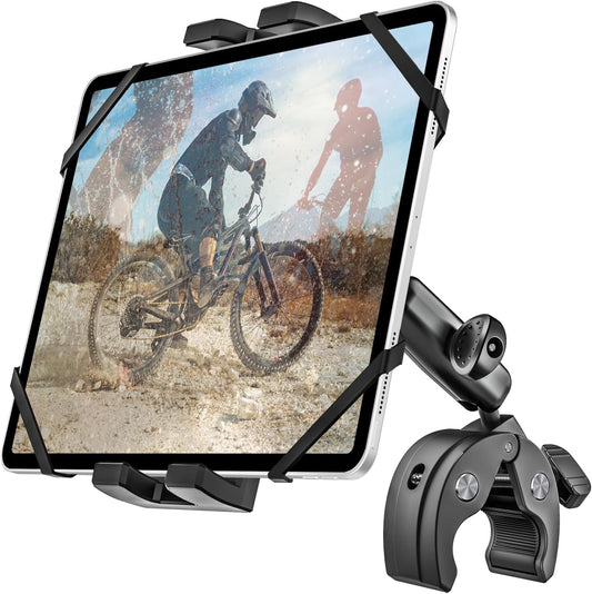 Metal iPad Tablet Mount for Boat Helm, Wheelchair Pole, Golf Cart, Stroller, Mic Stand, Fitness Bike, Road Mountain Bicycle - 360° Adjustable Handlebar Clamp for 4.7-13" iPad Pro, Air, Mini, Galaxy
