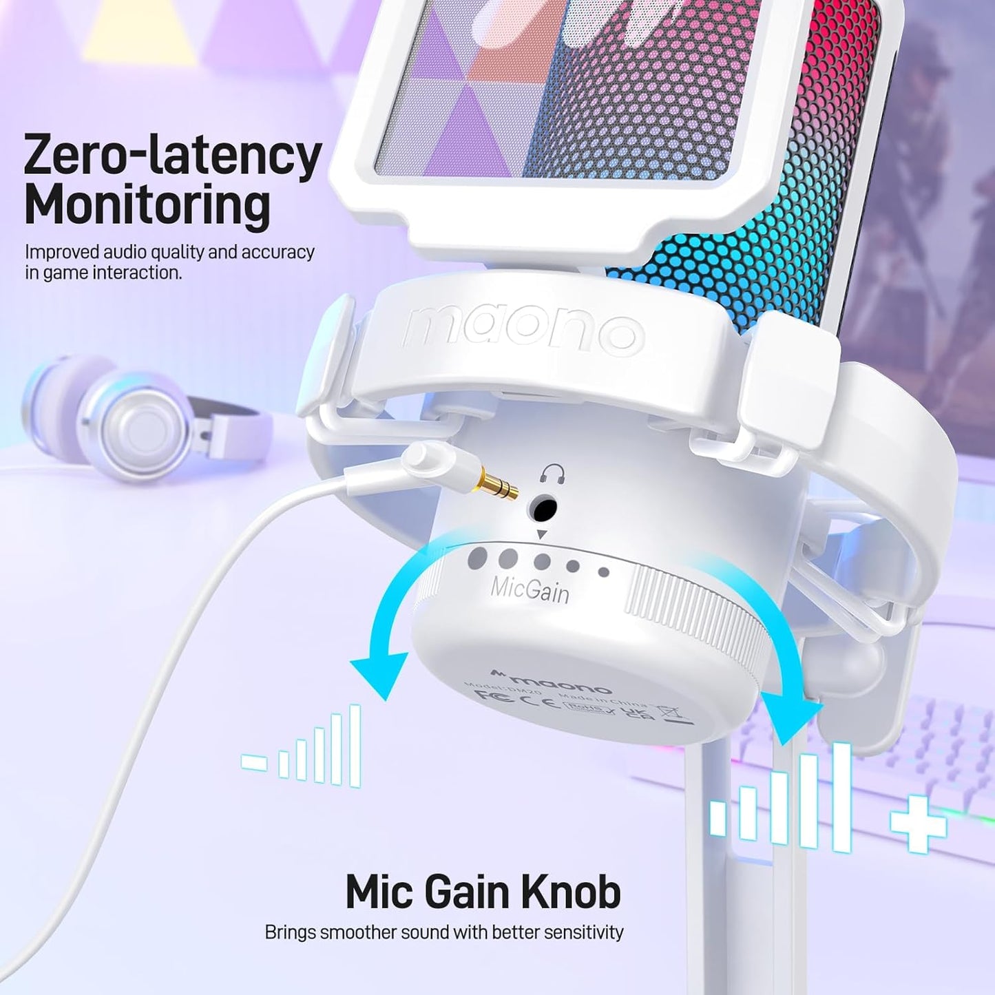 MAONO Gaming Microphone for PC with Noise Cancellation, USB Condenser Mic for Computer, Mac, Laptop, PS5, Streaming, Podcast, Twitch, YouTube, Discord, GamerWave DGM20 White