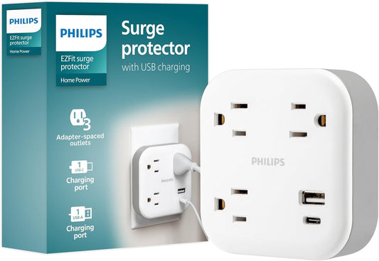 Philips EZFit 3-Outlet Surge Outlet Extender with USB, 1 USB-A, 1 USB-C, Adapter Spaced, Charging Station, 12W, 980 Joules, White - SPP9393W/37