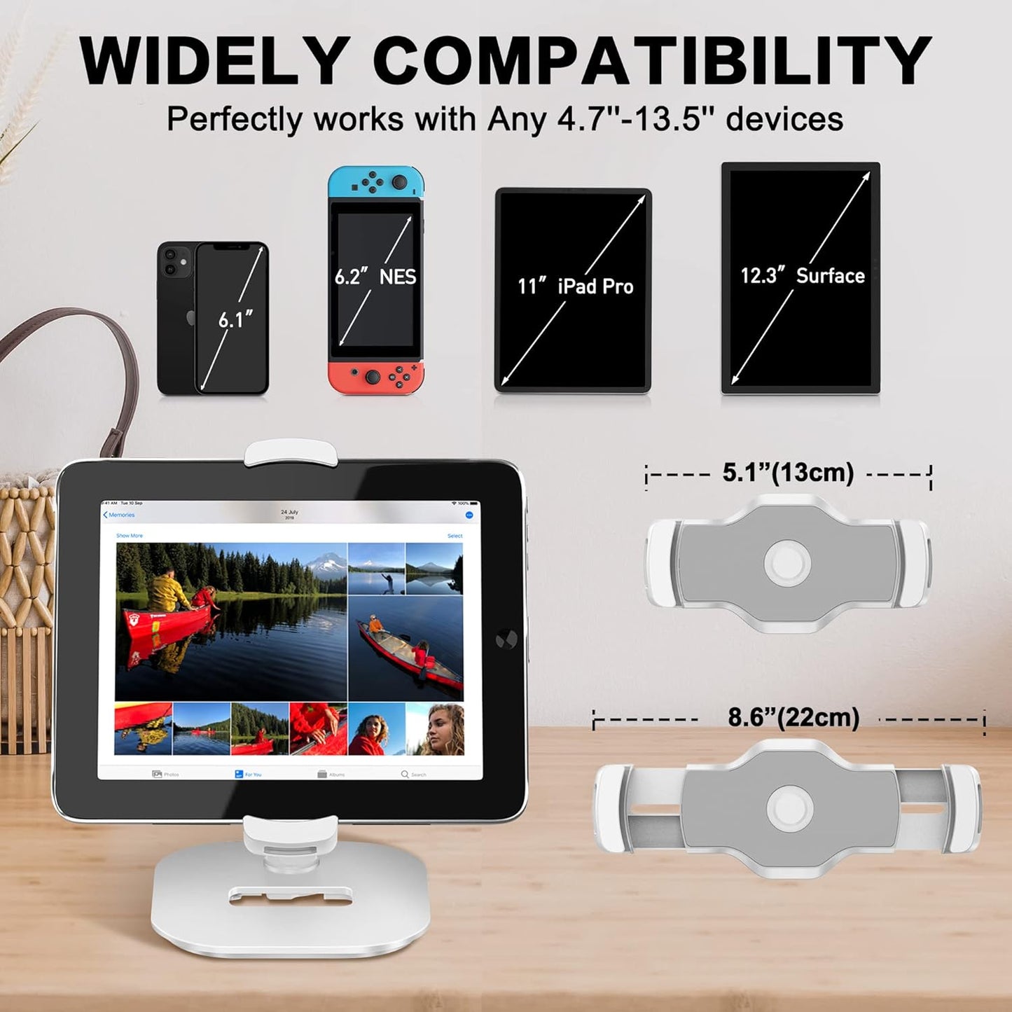 AboveTEK Upgraded Desktop Tablet Stand, 360° Swivel Tablet & Phone Desk Mount Holders for Any 4.7''-13.5'' Display iPad/Cell Phones, Stylish & Sturdy Stands for Store Office Showcase Reception (White)