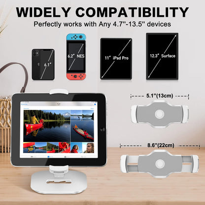 AboveTEK Upgraded Desktop Tablet Stand, 360° Swivel Tablet & Phone Desk Mount Holders for Any 4.7''-13.5'' Display iPad/Cell Phones, Stylish & Sturdy Stands for Store Office Showcase Reception (White)