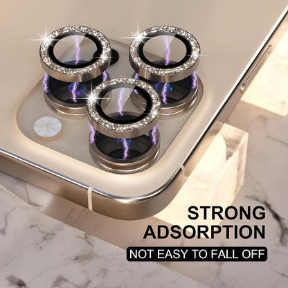 Choiche Compatible for iPhone 16 Pro/iPhone 16 Pro Max Camera Lens Protector Bling, 9H Tempered Glass Camera Cover Screen Protector Metal Ring Decoration Accessories(Glitter-Titanium Desert)