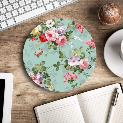 Mouse Pad, Mint Floral Teal Mouse Pad, Washable Round Mousepad with Lycra Cloth, Non-Slip Rubber Base Small Wireless Mouse Pads for Office Laptop