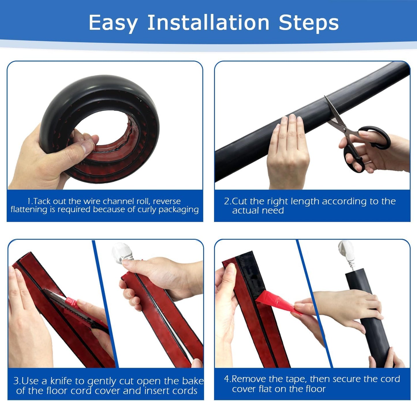 4ft Floor Cord Cover,Cord Hider Floor Gray,Extension Cable Cover Power Cord Protector Floor,Floor Cable Management Prevent Cable Trips,Cord Protector Cord Cavity:0.47" (W) x 0.24" (H)