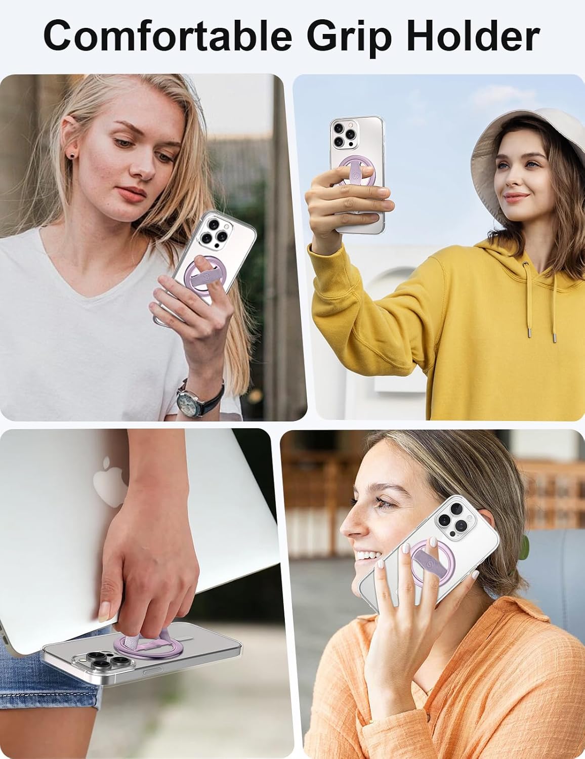 EWA MagOne Lite 3rd Gen Cell Phone Ring Holder, with Replaceable 360° Rotation Elastic Finger Strap, Phone Grip Compatible with,15,14,13 Pro/Max/Plus-(Purple)