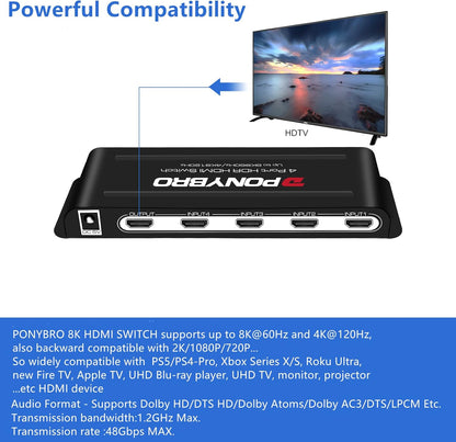 HDMI Switch 8K 4 Port – HDMI 2.1 48Gbps Auto-Switching, 8K@60Hz/4K@120Hz, HDR10+/Dolby Vision, for PS5/Xbox/PC/Apple TV, Zero Latency with Remote