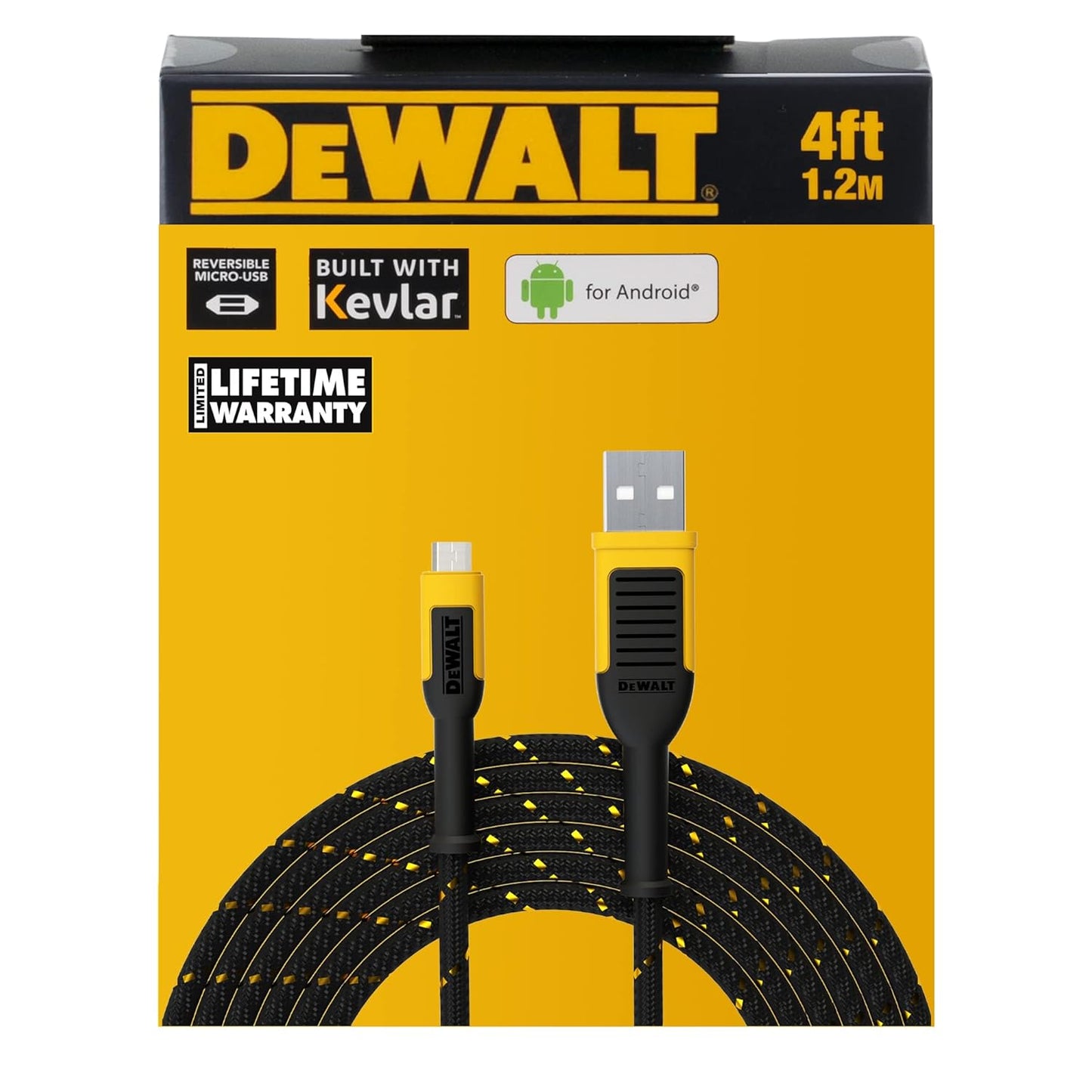 DEWALT Micro-USB to USB Cable(Not for iPhone)Reinforced Braided Micro-USB Cable, USB to Micro-USB Cable, Charger Cord Compatible with Android, 4 ft