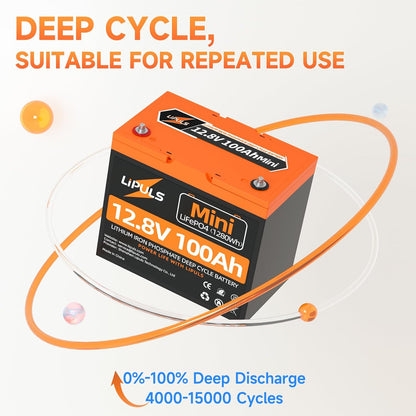 12V100Ah Mini LiFePO4 Lithium Battery, 100Ah Lithium Deep Cycle Battery, Max.1280Wh, 100A BMS, 15000 Cycles, Perfect for Trolling Motor, RV, Camping, Solar Panel