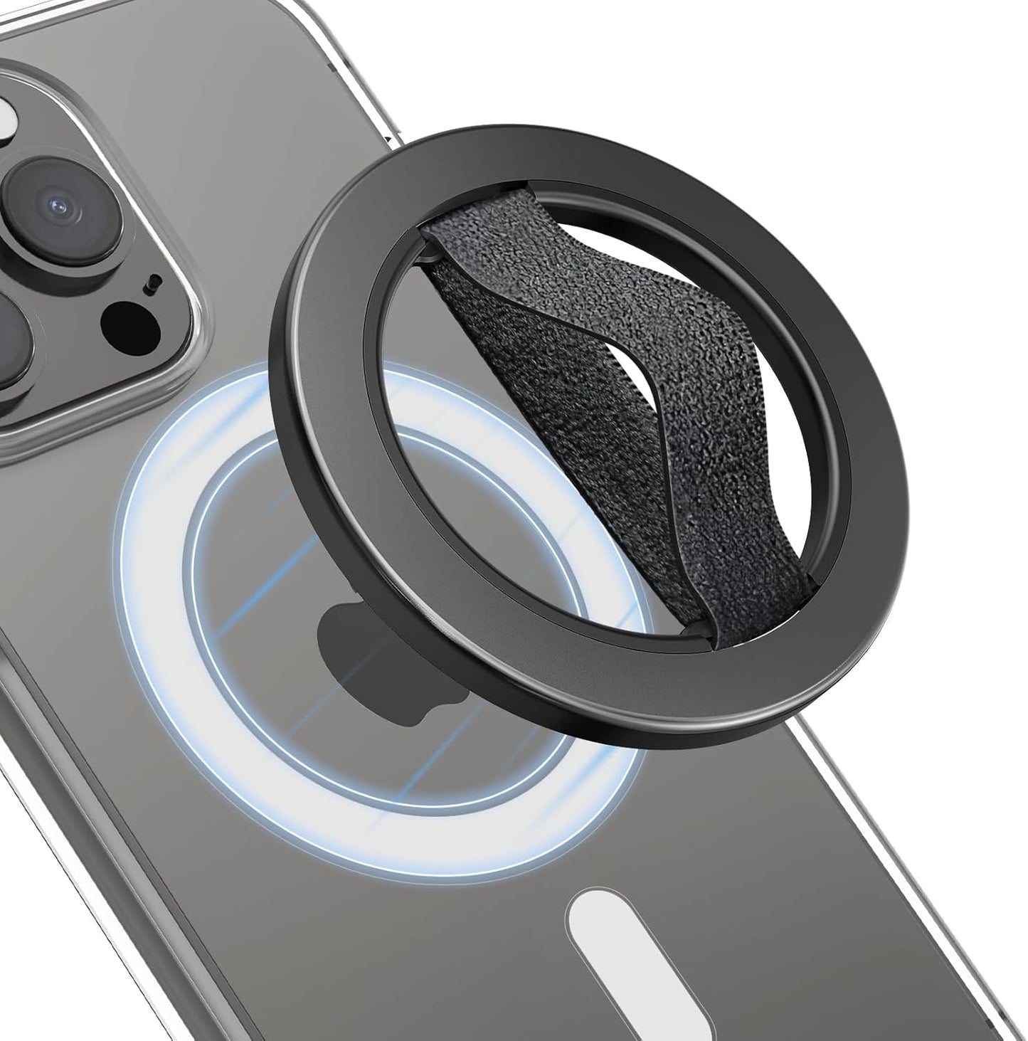 EWA MagOne Solo Phone Grip with Replaceable Elastic Finger Loop, Removable Magnetic Ring Holder Loop, Accessories for iPhone 16, 15, 14, 13 Pro/Max/Plus, No Stand-Black