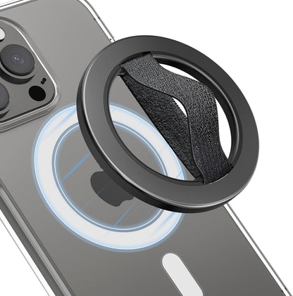 EWA MagOne Solo Phone Grip with Replaceable Elastic Finger Loop, Removable Magnetic Ring Holder Loop, Accessories for iPhone 16, 15, 14, 13 Pro/Max/Plus, No Stand-Black