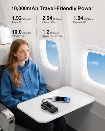 Portable Charger with Built in Cables, Slim 10000mAh Fast Charging 22.5W Power Bank USB C LED Display Battery Pack 6 Outputs & 2 Inputs for iPhone Samsung Pixel LG Moto iPad