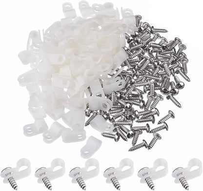 Hicarer 50 Pack R-Type Cable Clip Wire Clamp, Nylon Screw Mounting Cord Fastener Clips with 50 Pack Screws for Wire Management (White,1/2 Inch)
