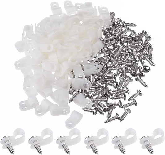 Hicarer 50 Pack R-Type Cable Clip Wire Clamp, Nylon Screw Mounting Cord Fastener Clips with 50 Pack Screws for Wire Management (White,1/2 Inch)