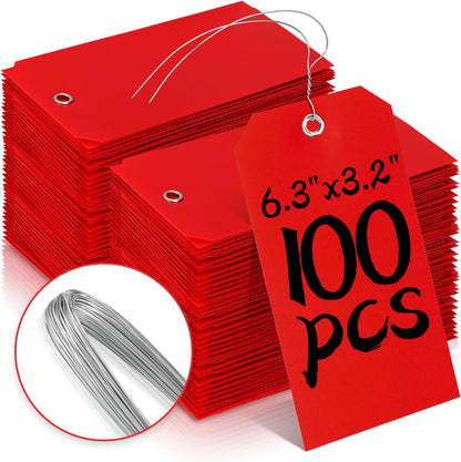 100 Plastic Shipping Tags - Red, 6 1/4" x 3 1/8", Waterproof, Durable, Reinforcement Hole, Stacking Labels for Equipment Parts