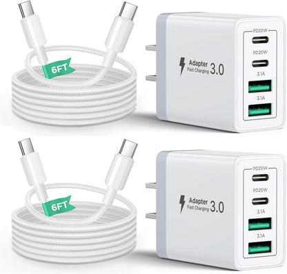 40W USB C Charger Block, 2Pack 4-Ports Type C Fast Phone Charging Cube with 6FT USBC to USBC Cord, Multiport Wall Plug Power Brick Box Compatible with iPhone, Samsung, iPad Pro, Cellphones Charger