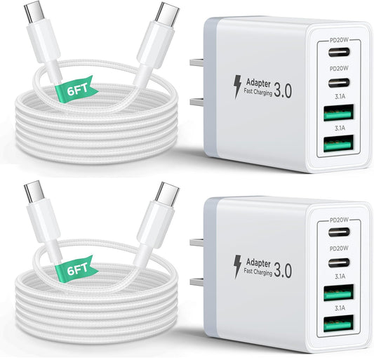 40W USB C Charger Block, 2Pack 4-Ports Type C Fast Phone Charging Cube with 6FT USBC to USBC Cord, Multiport Wall Plug Power Brick Box Compatible with iPhone, Samsung, iPad Pro, Cellphones Charger