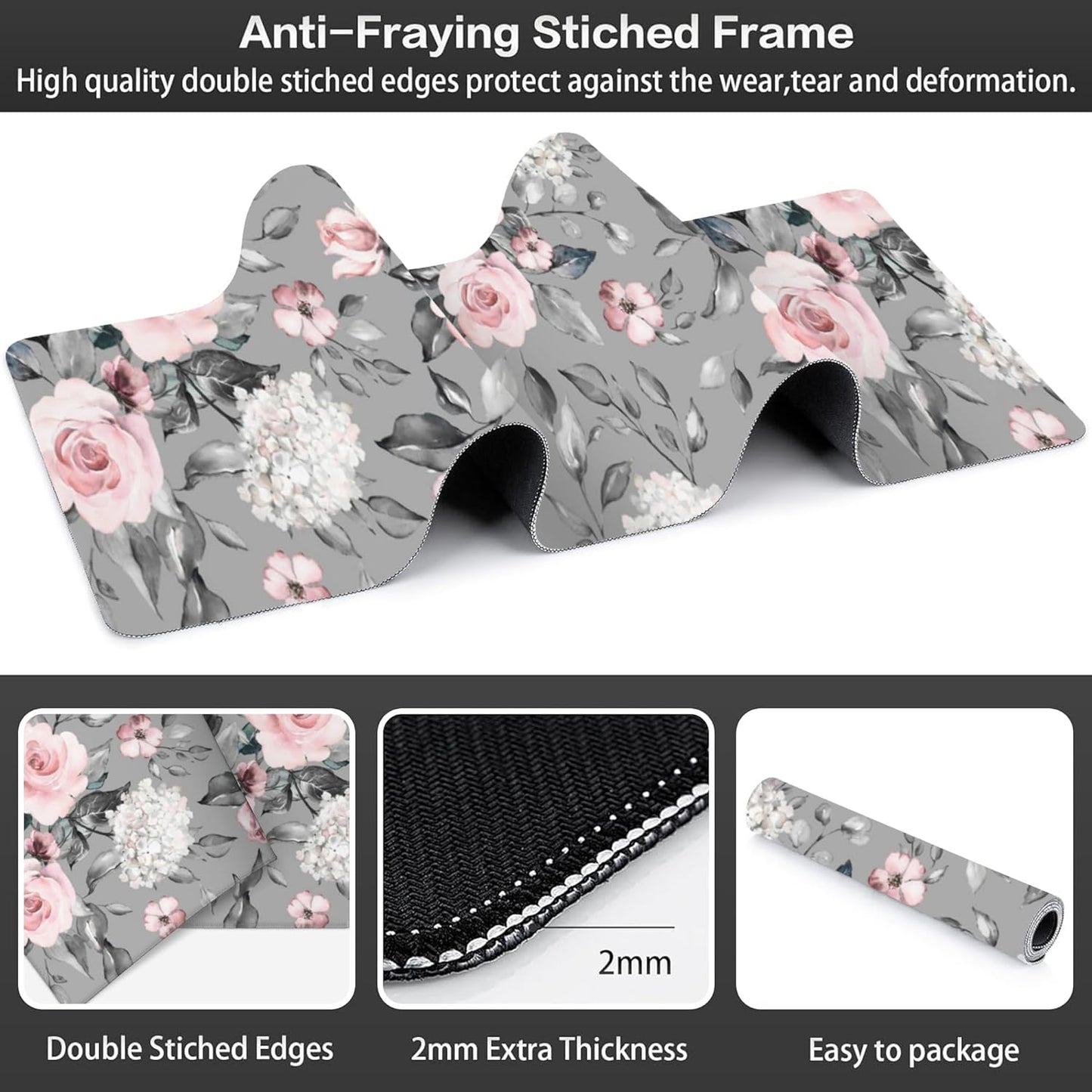 Pink Roses Desk Mat,Large Spring Blooming Flowers and Leaves Gaming Keyboard Mouse Pad,Non-Slip Rubber Base Desk Pad Thick Stitched Edges Waterproof Mousepad Mouse Mat 31.5"x11.8"