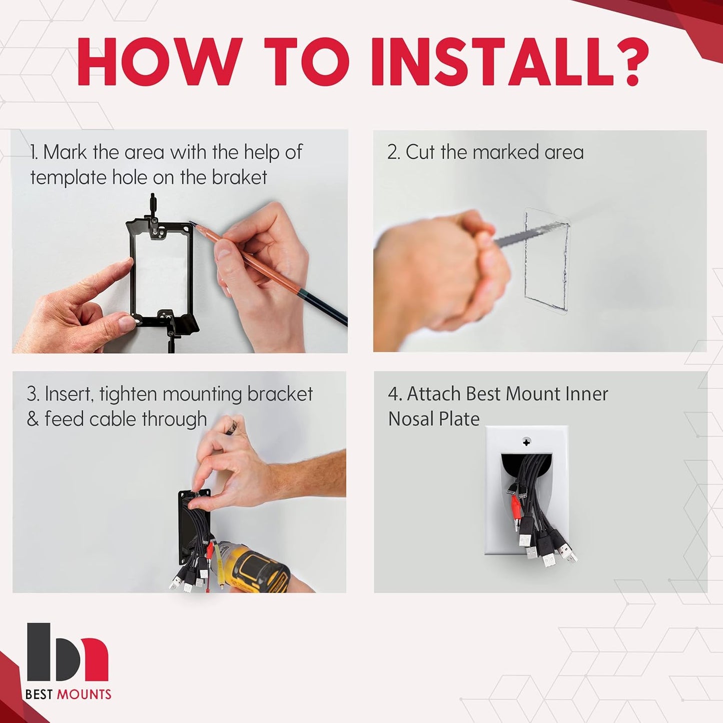 BestMounts - 10 Pack Inner Nose Behind Wall Cable Management TV Cord Hider for Wall Mounted TV - Single Gang Low Voltage Recessed Wall Plates Cable Pass Through for Wires, HDTV, HDMI (White)