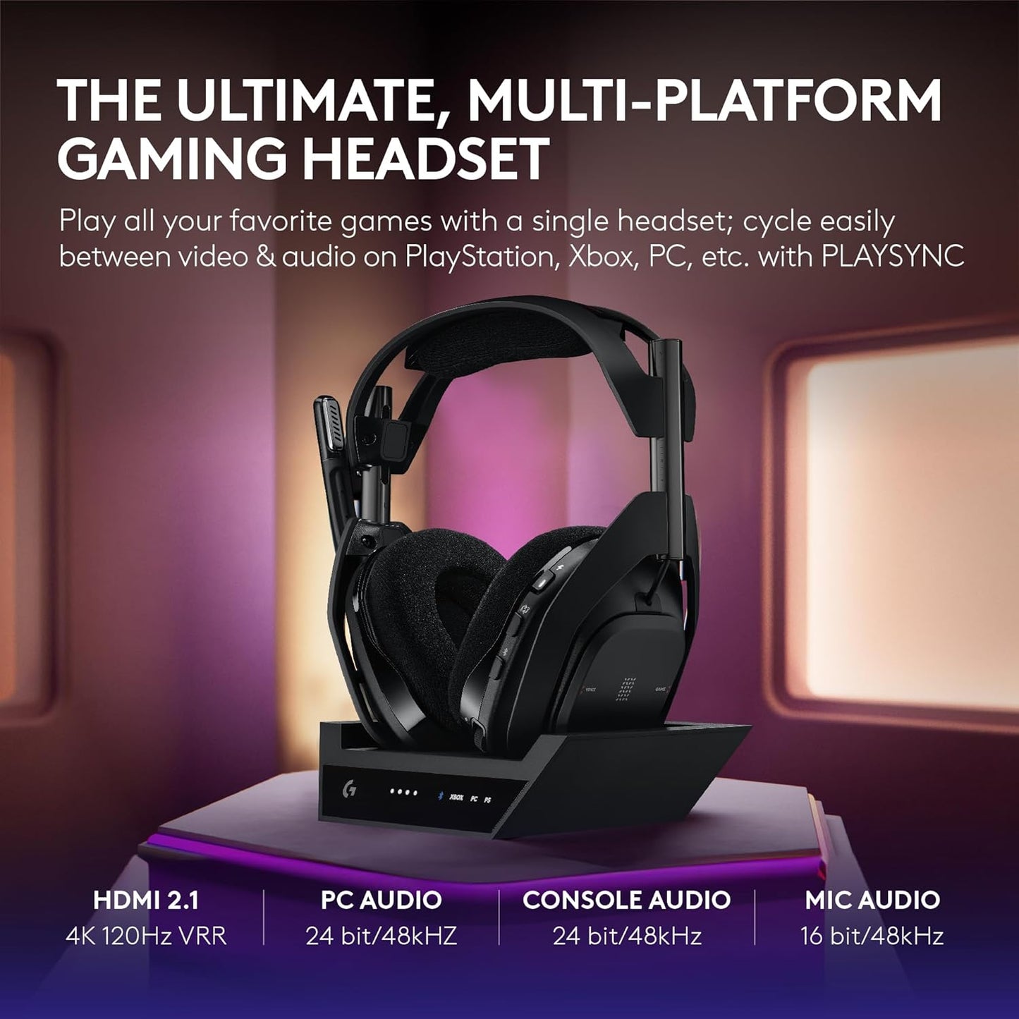 Logitech G Astro A50 X Omni-Platform Wireless Gaming Headset + Base Station for PS5, Xbox, PC: PLAYSYNC Video & Audio Switcher, HDMI 2.1 4K 120Hz VRR, <24 bit/48 kHz, 24hr Battery, 2.4GHz & BT - Black