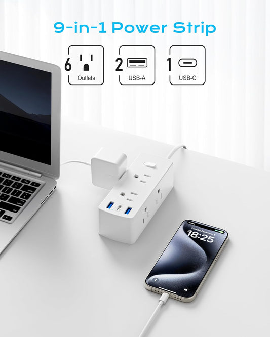 European Travel Plug Adapter, Olcorife US to Europe Type E/F Plug Adapter, International Power Strip with 6 Outlets and 3 USB(1 USB-C), 5 FT Cord for Germany France Iceland Spain