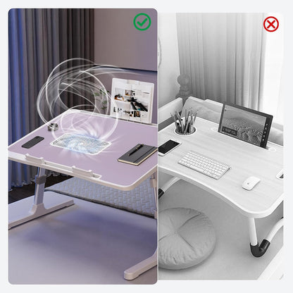 Laptop Lap Desk Include Cooling Fan,Adjustable Lap Desk with Light Fan,Folding Laptop Desk for Bed with USB,Bed Desk with Storage Drawer 56x32cm,Purple